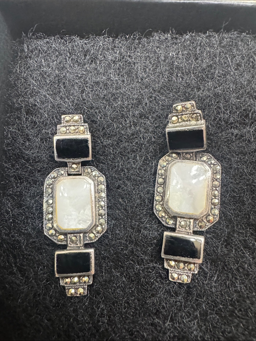 Sterling Silver Black Onyx and Mother-of-Pearl and Marcasite Drop Earrings